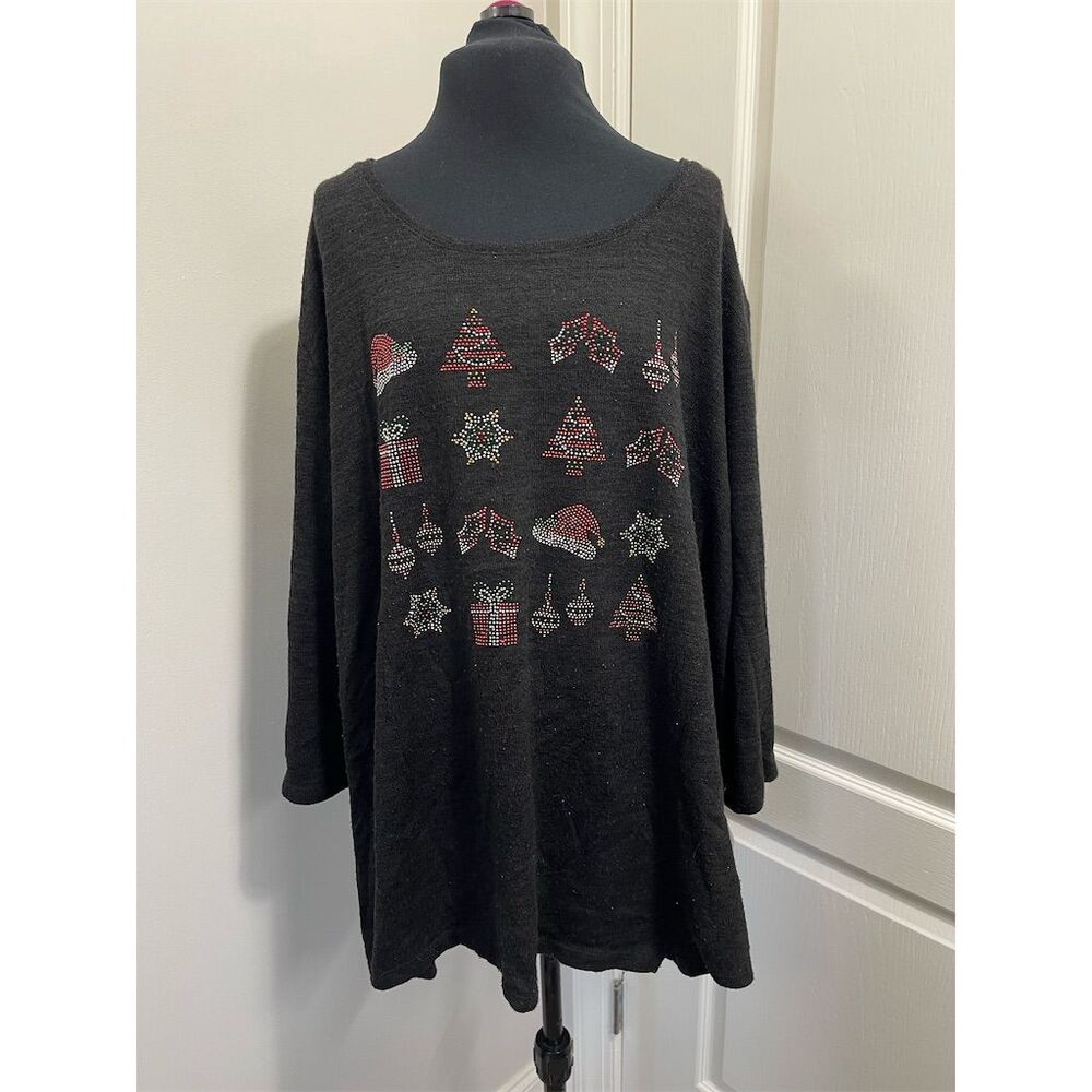 Catherines Women's Plus 3XL Black Christmas Holiday Long Sleeve Sweater (sku432)